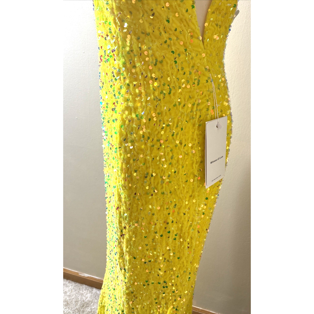 Witness of Love Evening Gown Size 14 Yellow Fully Beaded Sequin V-Neck Formal - Picture 7 of 13